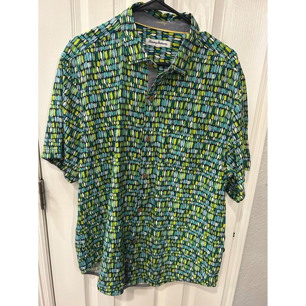 Tommy Bahama Button Down Shirt Green Silk Abstract Mosaic Print Short Sleeve L